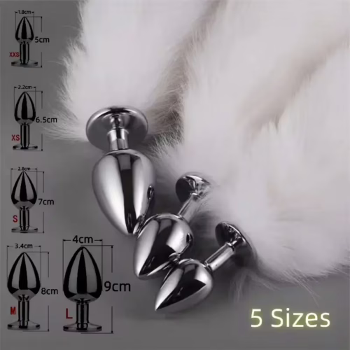 5-Size Metal Butt Plug with Fox Tail – BDSM Anal Dilator & Fetish Toy for Adults