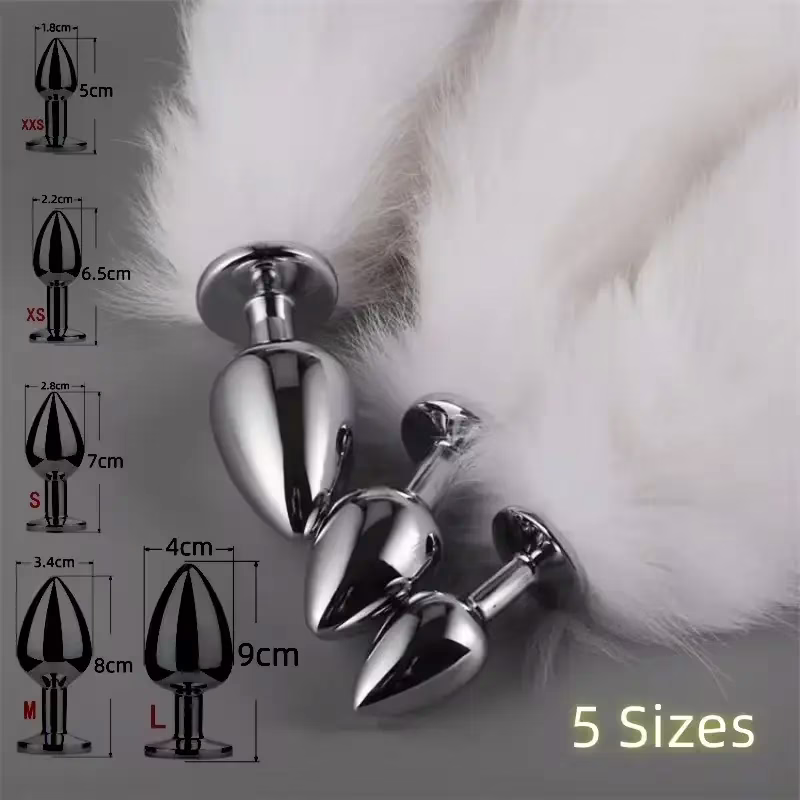 5-Size Metal Butt Plug with Fox Tail – BDSM Anal Dilator & Fetish Toy for Adults