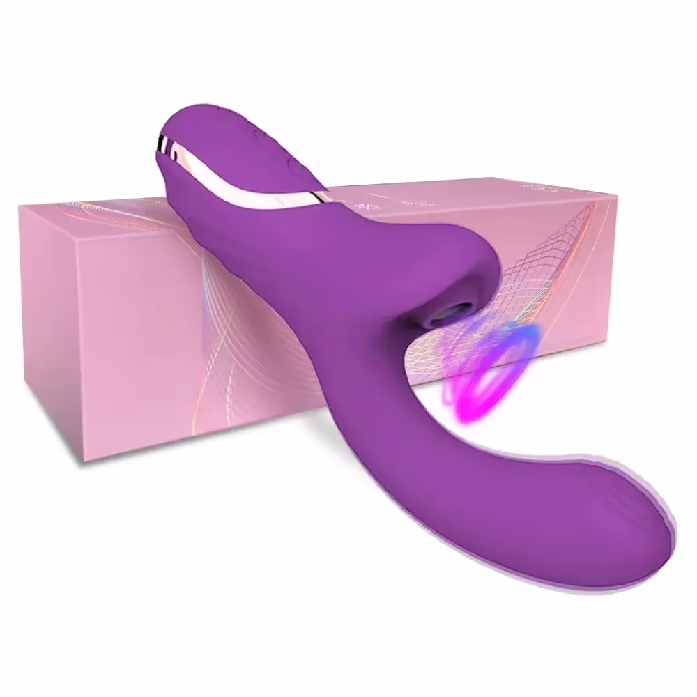20-mode clitoral suction vibrator with flexible dildo shaft in pink silicone