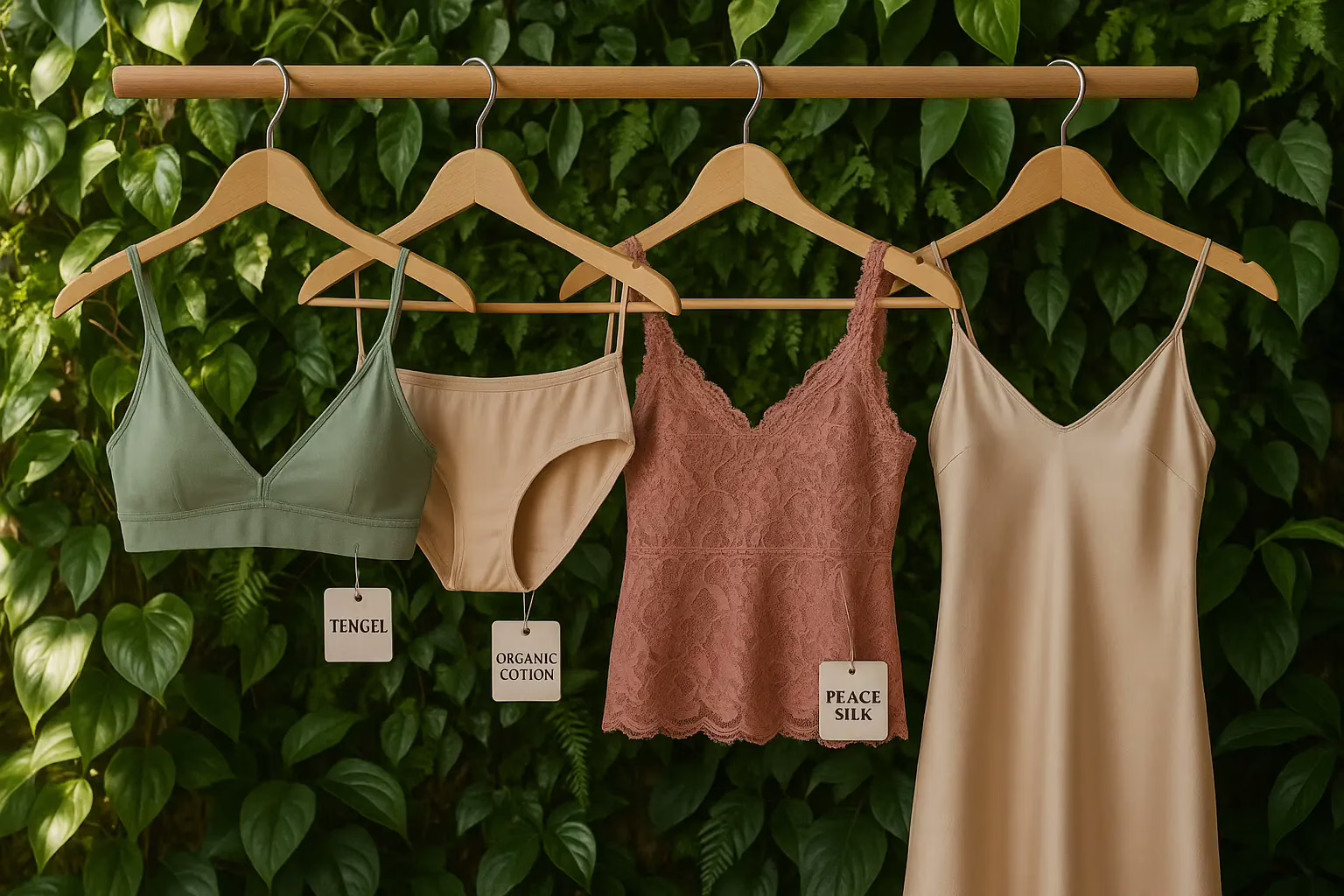 Sustainable lingerie collection displayed with eco-friendly materials highlighted