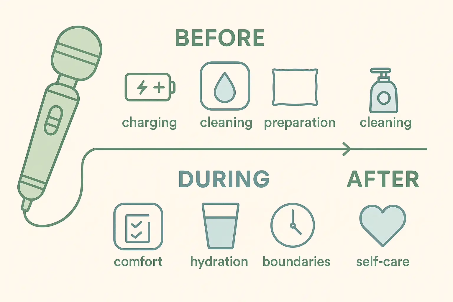 Complete Care Routine for Wand Vibrator Users Infographic showing before, during, and after care routine for Magic Wand vibrator use