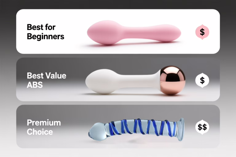 Three-tier product recommendation guide showing body-safe sex toys for different budgets