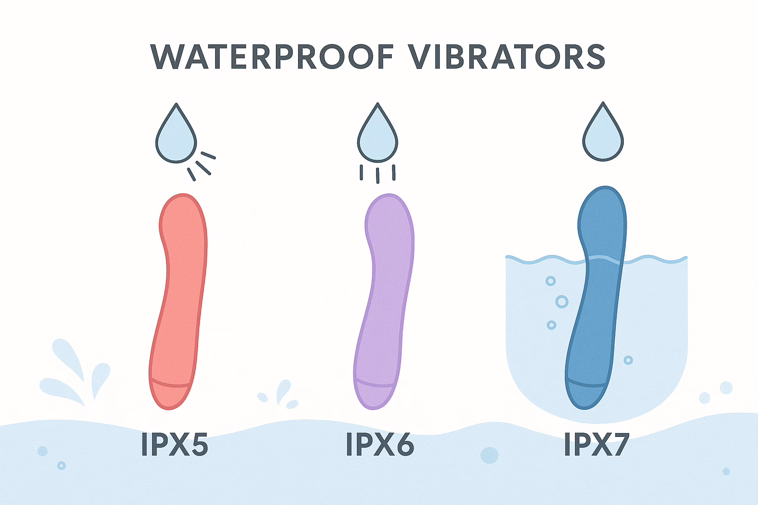 IPX waterproof rating comparison chart showing splash-resistant versus fully submersible vibrators