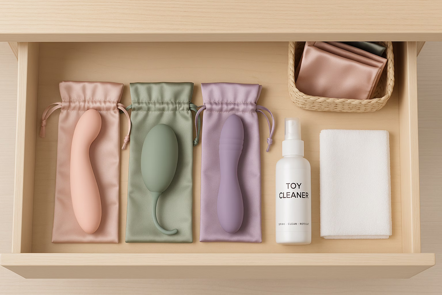 Organized sex toy storage drawer with individual pouches and cleaning supplies