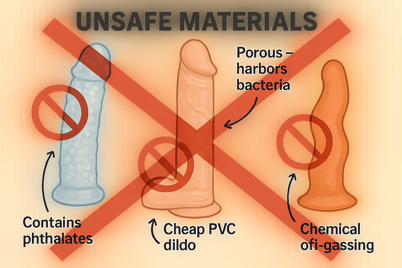 Warning graphic showing unsafe sex toy materials including jelly rubber, PVC, and TPE