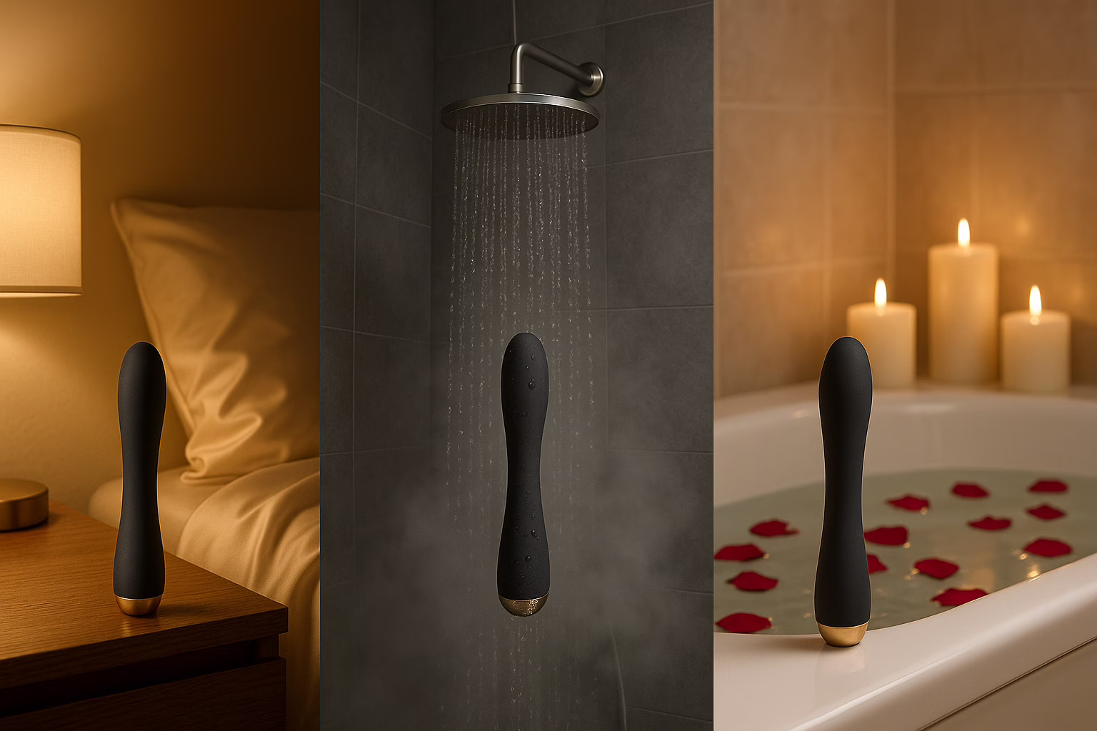 Waterproof vibrator shown in three settings - bedroom, shower, and bathtub demonstrating versatility